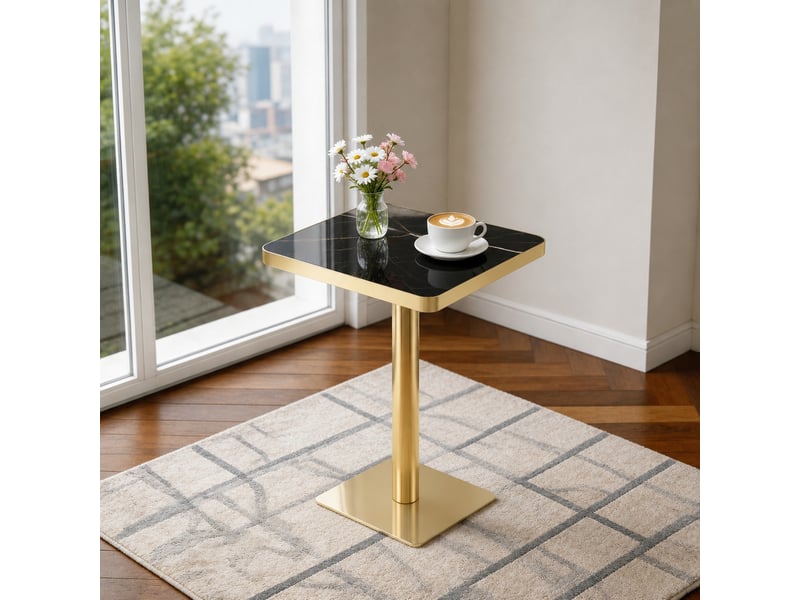  Table de salle à manger,60x60x74 cm,pied métal,mdf,noir effet marbre  - Conforama E