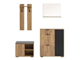 Entrée murale porte-manteaux avec banc et rangement chaussures - miroir, 4 portes, bois naturel et noir, 140×35×139 cm