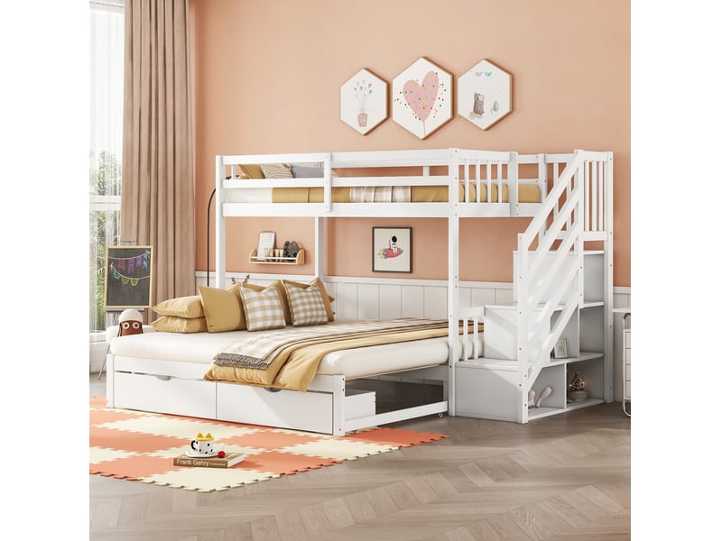  Modenvie lit superposé 90x200 cm - avec lit gigogne, 2 tiroirs et escalier de rangement, sans matelas - blanc  - Conforama D