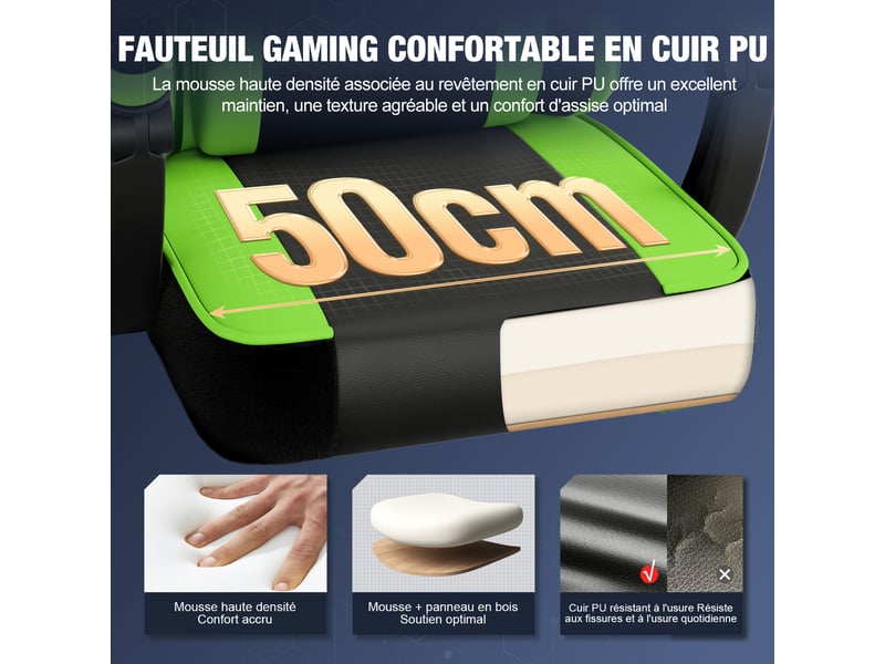  Chaise gaming, fauteuil de bureau ergonomique avec repose-pieds télescopique, chaise bureau avec appui-tête et soutien lombaire, fauteuil gaming ergonomique 150 kg, réglable en hauteur, vert  - Conforama R