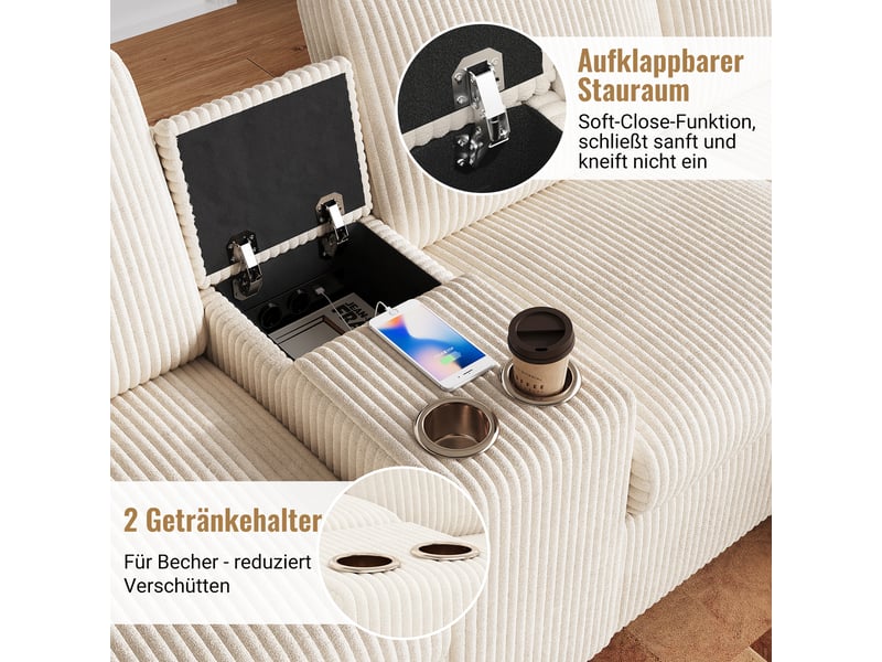  Canapé en u beige en velours côtelé avec coffre intégré, 2 poufs et table basse, 315x135x81 cm  - Conforama D
