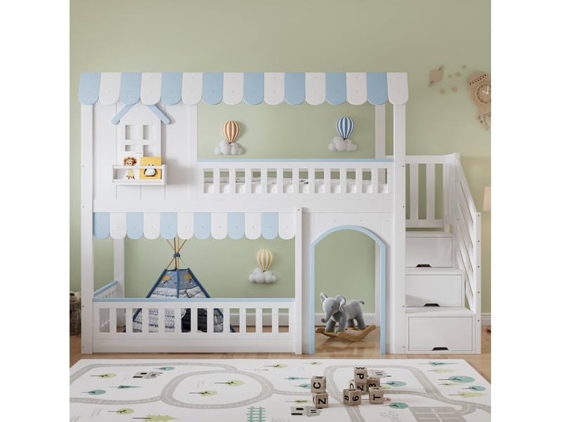Lit superposé enfant 90x200 cm blanc et bleu avec escalier de rangement - Conforama E