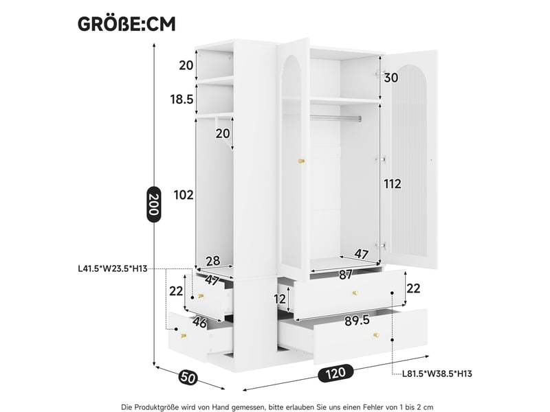  Armoire blanche 120×50×200 cm, 4 tiroirs, 2 portes en verre et 2 tringles, style moderne pour votre intérieur  - Conforama C