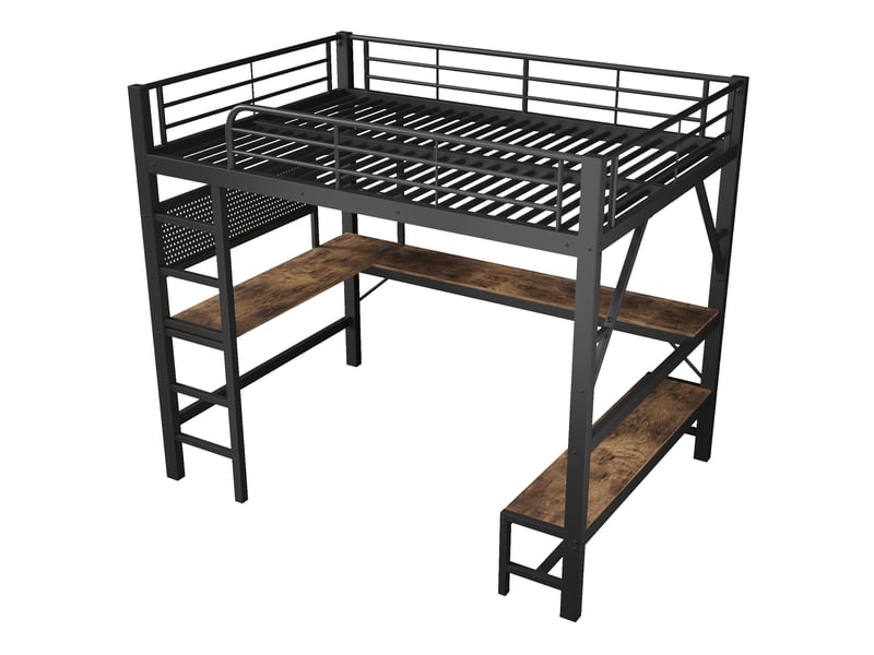  Lit mezzanine 160x200 cm noir avec bureau, led, usb-c, étagères et panneau perforé  - Conforama D