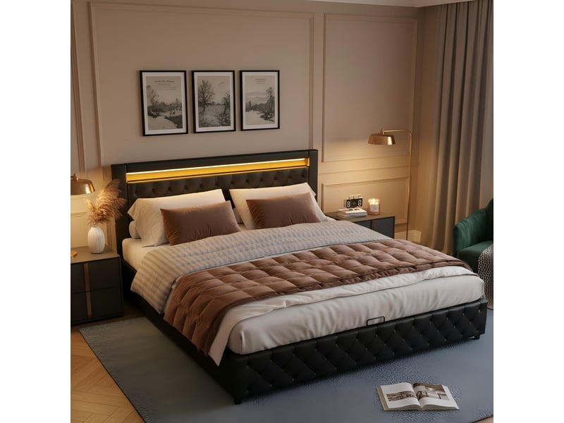 Lit 140x190 cm capitonné noir pu avec coffre hydraulique, led intégrée, sommier à lattes inclus - Conforama E
