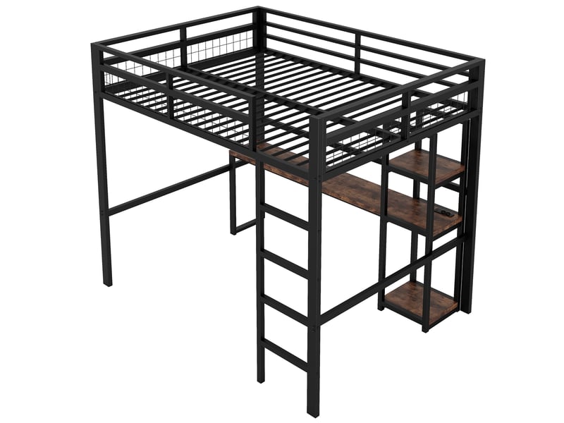  Lit mezzanine enfant 140x200 cm, bureau, étagère, charge, garde-corps, sommier, métal noir, sans matelas  - Conforama E