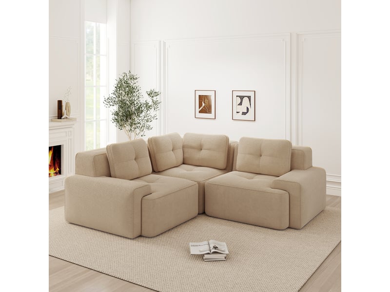Canapé d'angle modulaire avec assise profonde, confort enveloppant et base antidérapante, en tissu côtelé beige - Conforama B