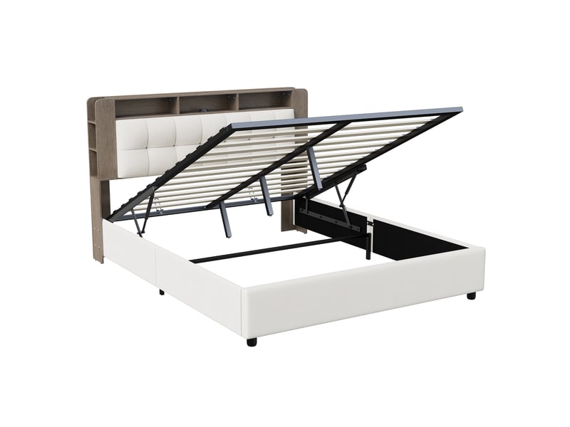  Lit coffre 160x200 cm, avec éclairage led et chargement sans fil, avec espace de rangement et sommier à lattes, lit double rembourré, en velours beige  - Conforama R