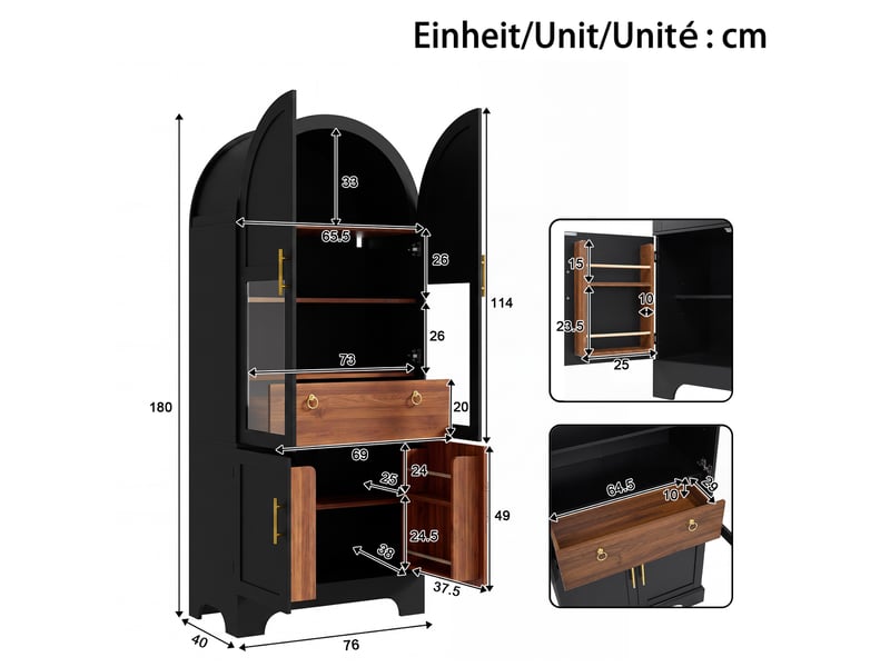  Buffet haut 76x40x180 cm avec 4 portes et 1 tiroir, led, en mdf et panneau de particules, coloris noir, design rétro  - Conforama C