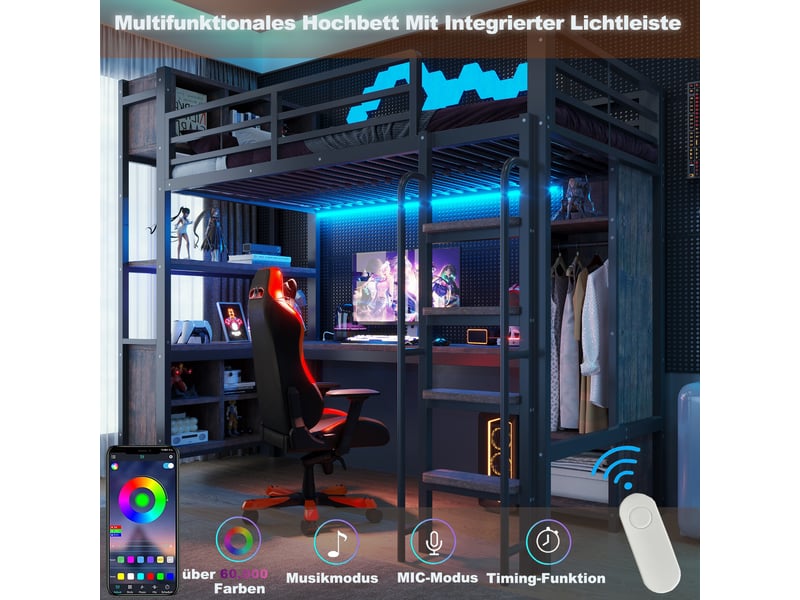  Lit mezzanine enfant 90x200 cm avec bureau, armoire, étagères, compartiments de rangement, éclairage led, prises eu, barrière de sécurité, cadre de lit en métal, noir  - Conforama E