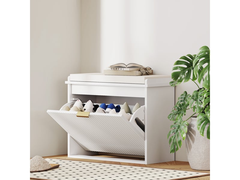  Banc à chaussures avec coussin d'assise rembourré et tiroir rabattable pour couloir, chambre, 62 x 26 x 47,5 cm, blanc  - Conforama C