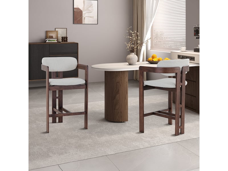  Tabouret en tissu beige pieds en chêne massif foncé  - Conforama D