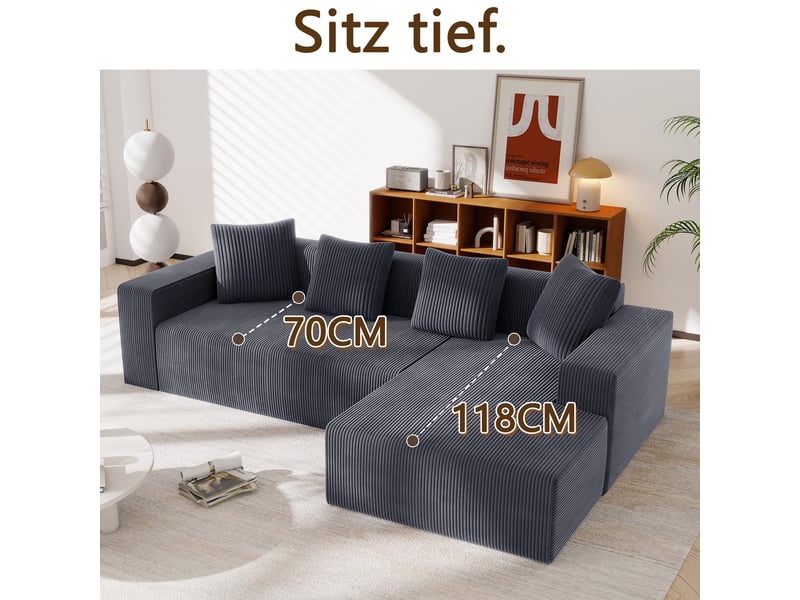 Canapé modulable d'angle gris velours côtelé, salon moderne profond avec méridienne extensible  - Conforama C