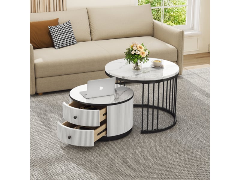  Table basse gigogne ronde blanc - 60x60 cm mdf table basse blanc - Conforama E