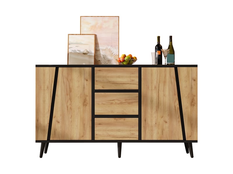  Buffet 120x40x70 cm bois naturel et noir, 2 portes, 3 tiroirs et rangements  - Conforama A