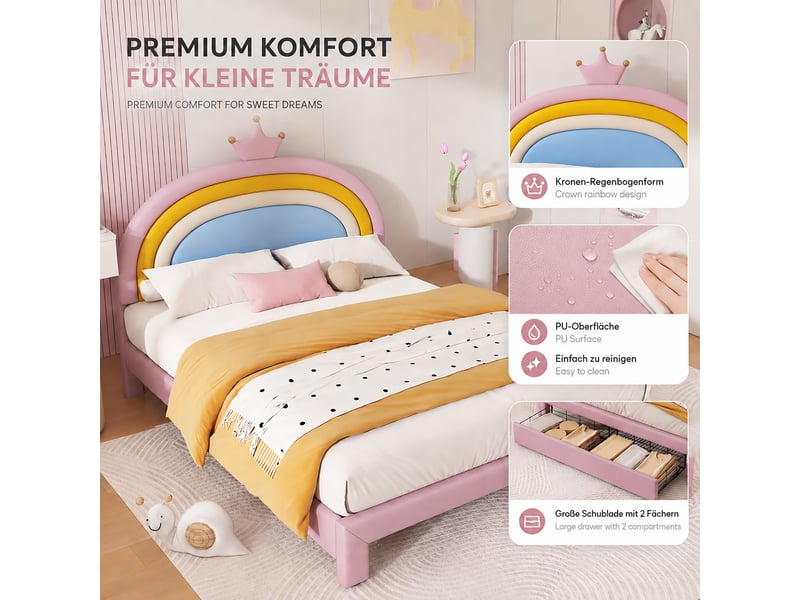 Lit enfant rembourré 140x200 cm avec tête de lit arc-en-ciel couronne, revêtement pu, tiroir de rangement et tête de lit réglable - rose - Conforama E