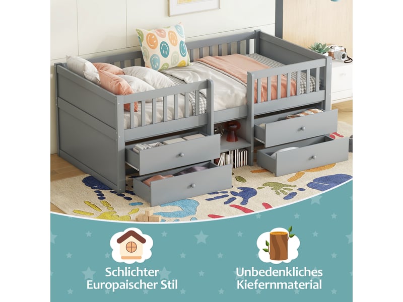  Lit mezzanine, 90 × 200 cm, gris, bois de pin, 4 tiroirs, rangement intégré, sans matelas, garde-corps, échelle  - Conforama D