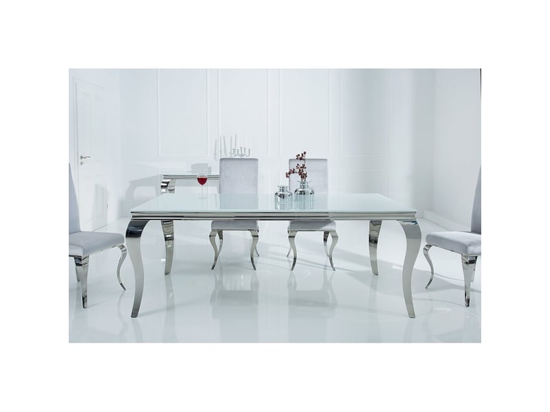  Table de salle à manger velena – acier argenté et verre opale – 180 cm – style baroque moderne  - Conforama E