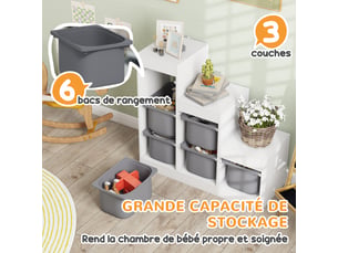 Meuble de rangement pour jouets des enfants avec 6 bacs amovibles, 96 x 38,5 x 90, 3 niveaux de rangement, gris