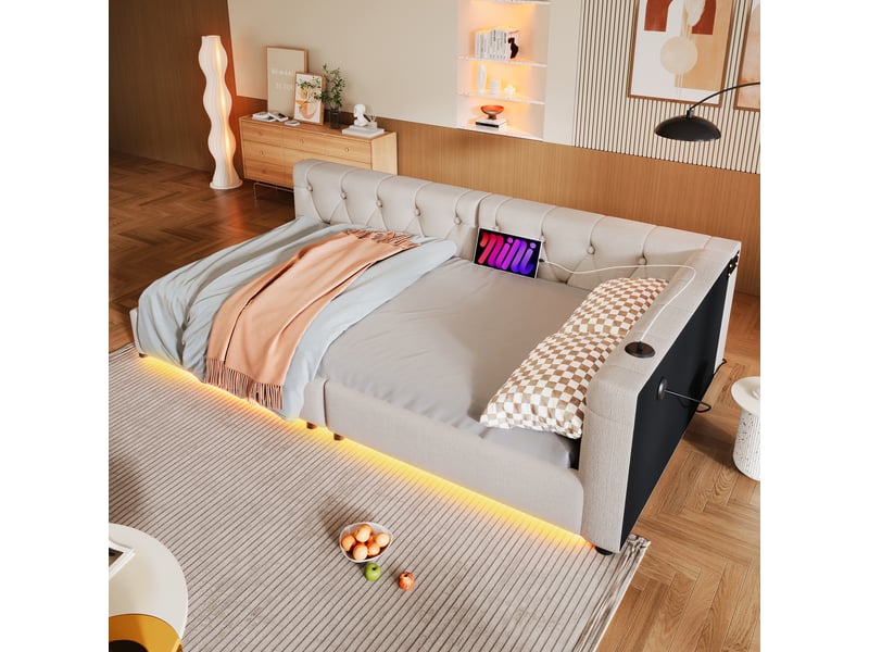  Lit enfant 90x200 cm avec led 7 couleurs et tête à boutons, lin, beige, sans matelas  - Conforama W