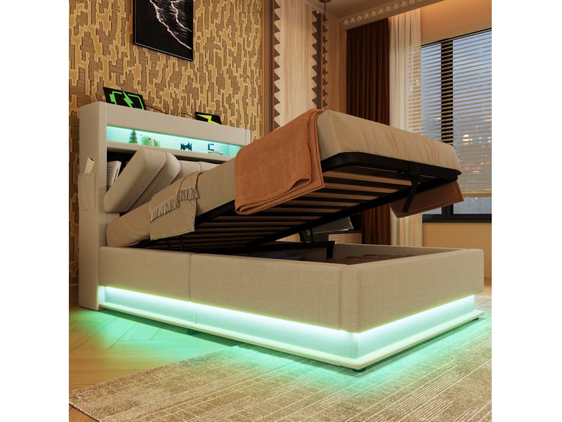  Lit coffre 90 × 200 cm 1 place avec led, 3 usb, type-c et rangement, matelas inclus, en lin, beige  - Conforama C