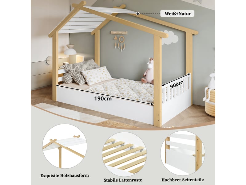  Lit cabane 90x190 cm, design maison en pin et mdf, blanc et naturel  - Conforama D