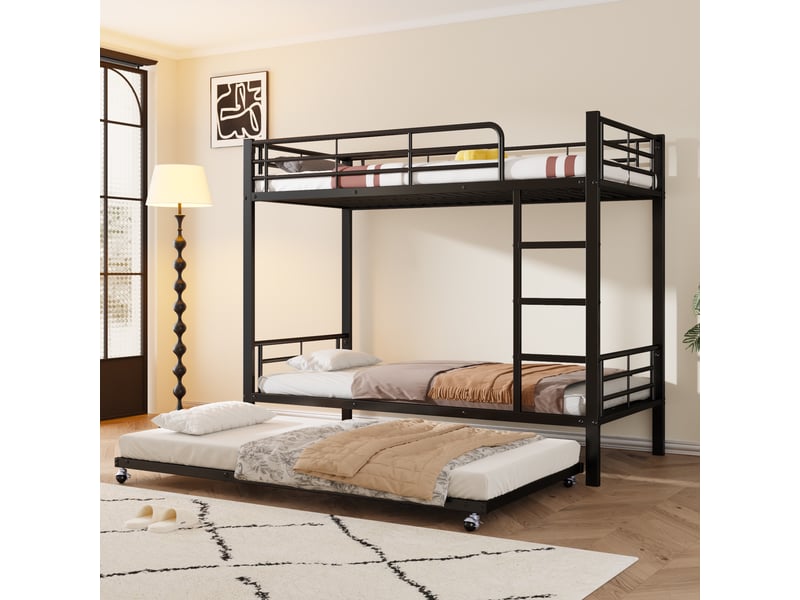  Lit superposé 90x200 cm et 90x190 cm, lit gigogne pour enfants et adolescents, structure solide en acier, en métal, noir  - Conforama B