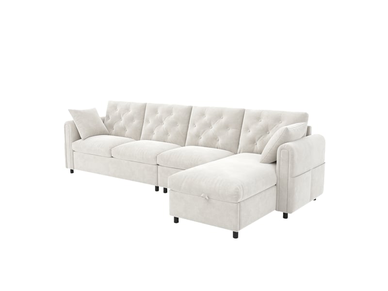  Canapé d’angle beige en flanelle et polyester, 281 × 86 × 71 cm, avec couchage et rangement, pour salon  - Conforama A