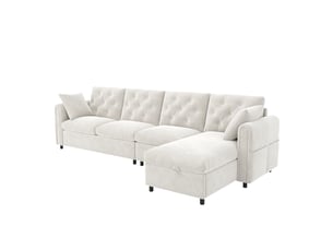 Canapé d’angle beige en flanelle et polyester, 281 × 86 × 71 cm, avec couchage et rangement, pour salon