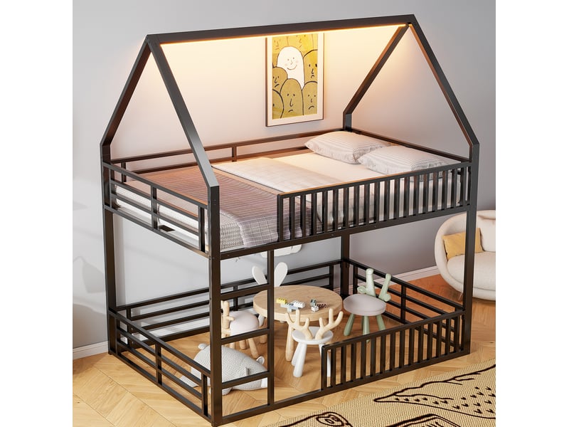  Lit enfant 140x200 garde-corps clôture led 7 couleurs métal robuste montage facile noir 1 sommier sans matelas  - Conforama R