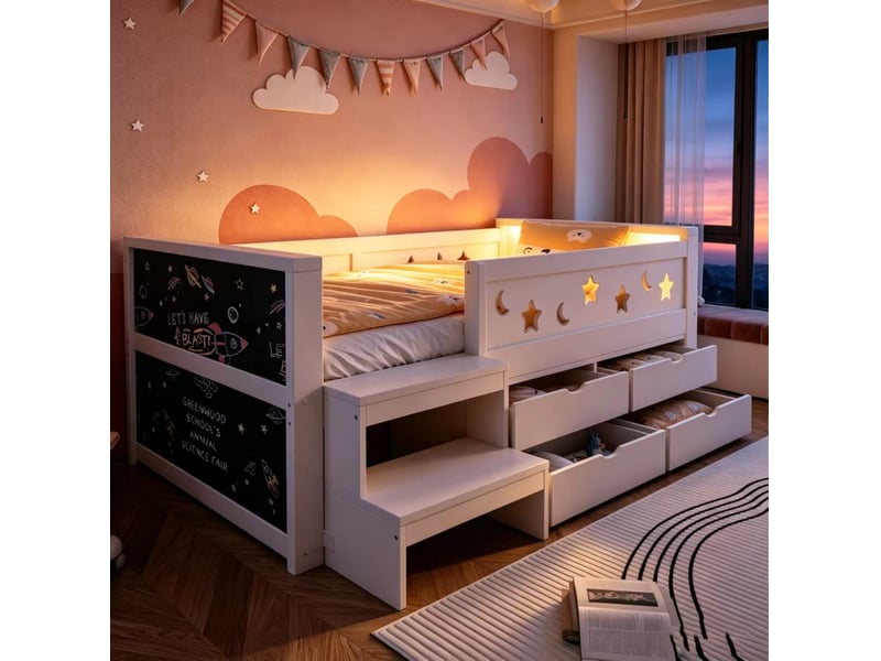  Lit enfant 90 × 200 cm 1 place avec 4 tiroirs, led, tableau et barrières, sans matelas, en bois, blanc  - Conforama C