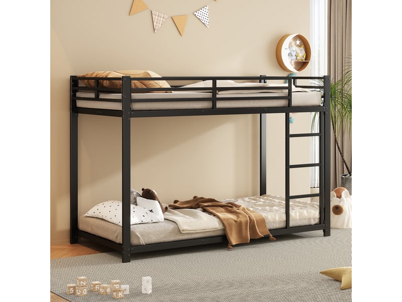  Lit superposé enfant 90x200, lit en métal noir classique avec sommier à lattes, cadre robuste pour chambre, capacité 120 kg  - Conforama D