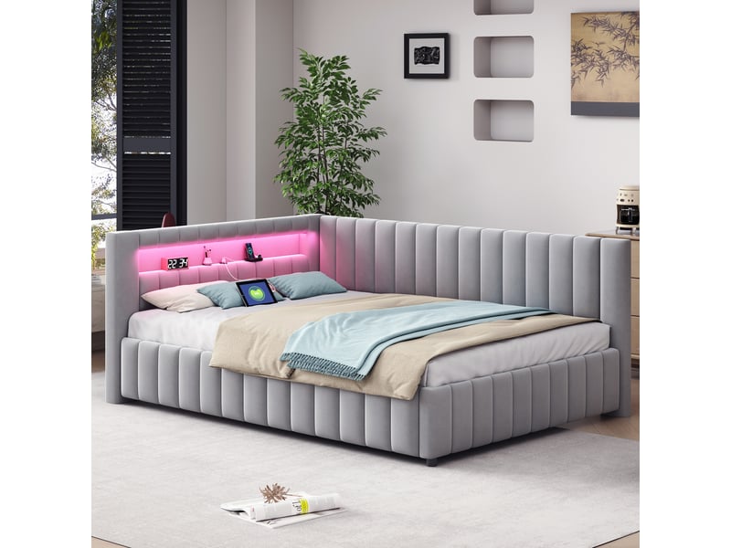  Lit banquette enfant rembourré 140 x 200 cm avec led et usb, velours gris Fay Lum - Conforama B
