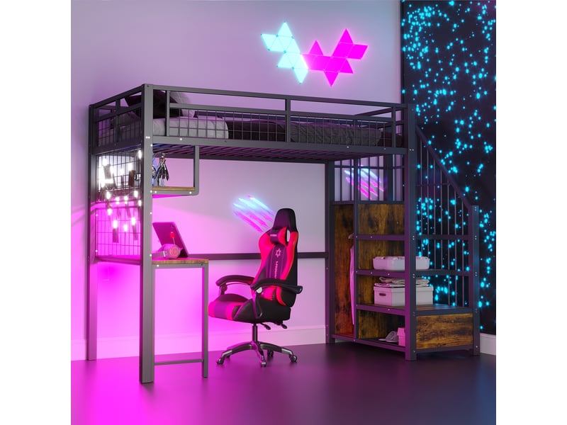  Lit mezzanine 90 x 200 cm, bande lumineuse, prise, échelle rangement, penderie, étagères, bureau, métal, noir  - Conforama C