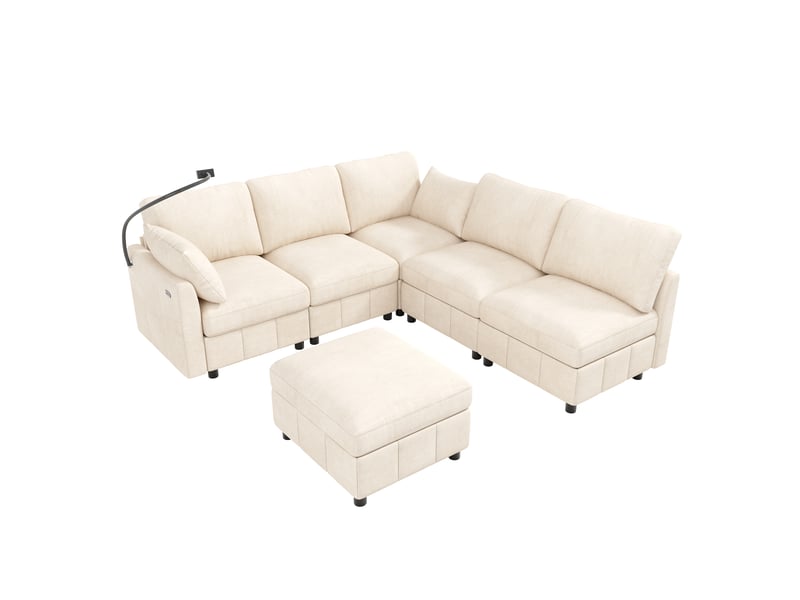  Canapé d'angle convertible 6 places 218x157x85 cm en ul avec pouf mobile, 2 coussins, charge rapide usbusb-c 24 w, porte-téléphone, chenille, beige Seren Glow - Conforama A