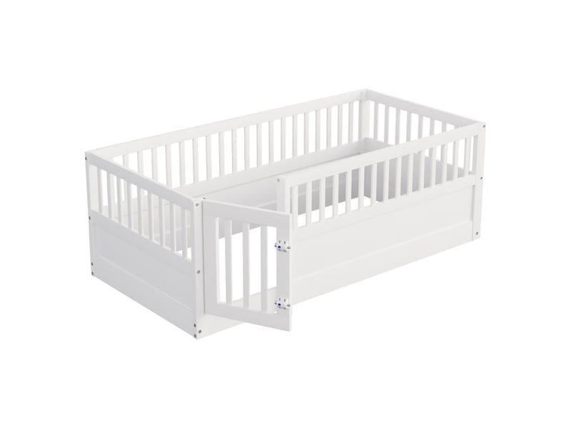 Lit enfant 90 x 200 cm, cadre en bois avec barreaux et porte, blanc  - Conforama E