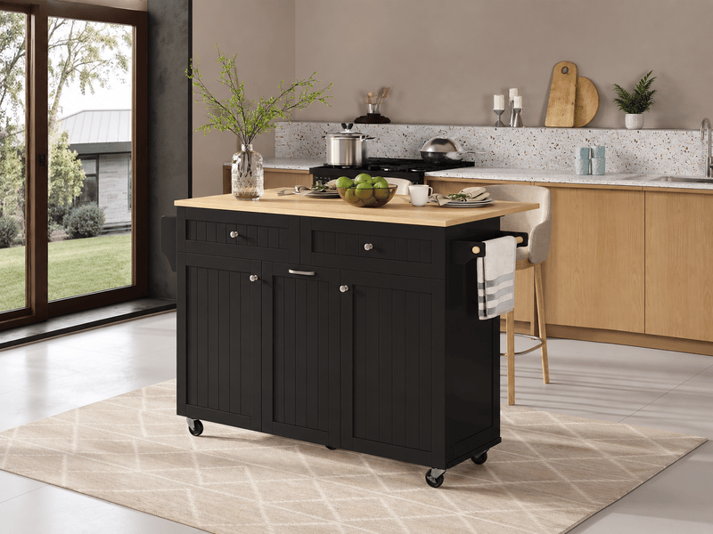  Îlot de cuisine 140 cm, plateau rabattable, 2 tiroirs et colonne coulissante, portes avec rangements, noir et bois  - Conforama B