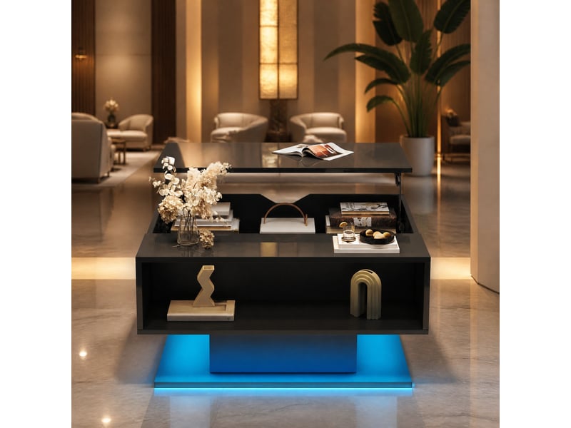  Table basse relevable avec espace caché, niche ouverte et led pour salon, 80 × 75 × 40 cm, en panneaux de particules, noir  - Conforama B