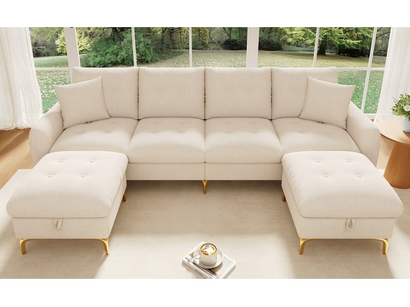 Canapé modulable en u 4 places avec 2 poufs de rangement, poche latérale et capitonnage en chenille beige - Conforama C