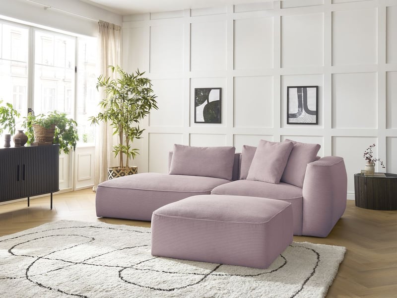Bobochic canapé droit fixe 3 places leopold velours côtelé avec pouf violet accoudoir droit LEOPOLD - Conforama D