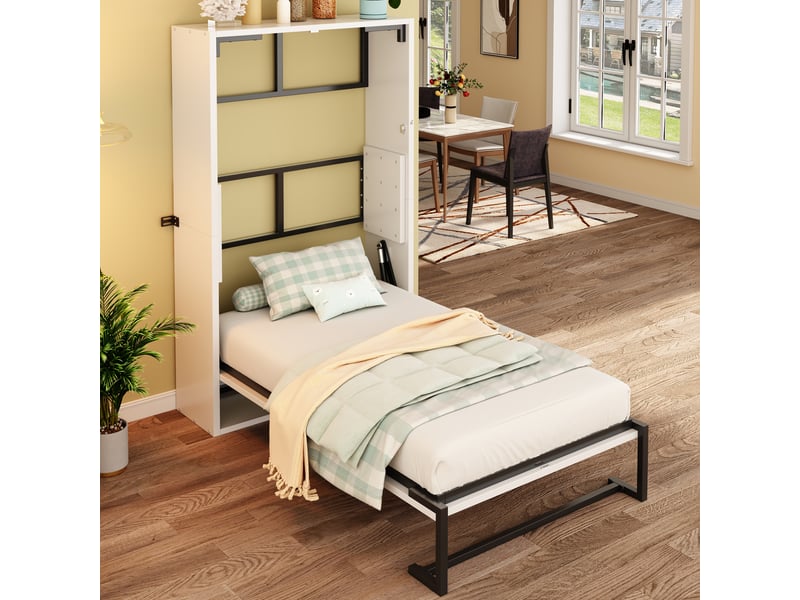  Lit escamotable mural 90x200 cm, lit enfant rabattable, métal et bois blanc, sans matelas  - Conforama B