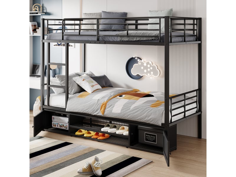 Lit superposé en métal 90x200 cm avec échelle latérale, barrières de sécurité et rangement chaussures, noir chicfurn  - Conforama D
