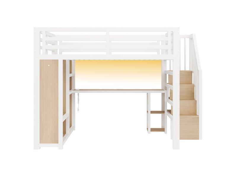 Lit mezzanine adulte en métal 160x200 cm lit enfant lit double avec bureau led ports usb armoire escalier rangements, blanc - Conforama R