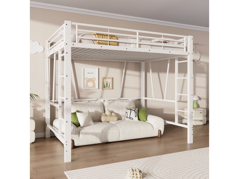  Lit mezzanine 140x200 cm coloris blanc, lit superposé enfant avec double échelle, lit en hauteur métal, sans matelas  - Conforama E