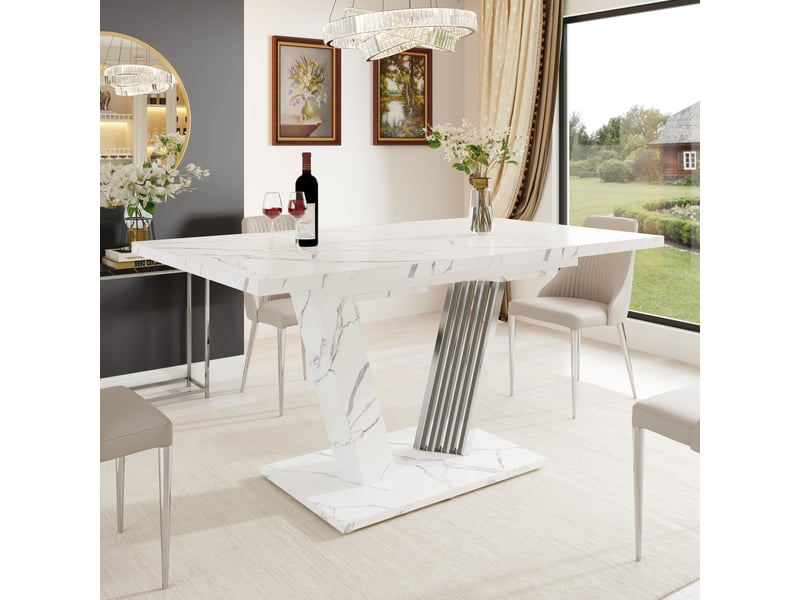  Table à manger rectangulaire extensible 120-160 x 80 cm, plateau mdf effet marbre blanc, pieds forme papillon réglables, design moderne  - Conforama C