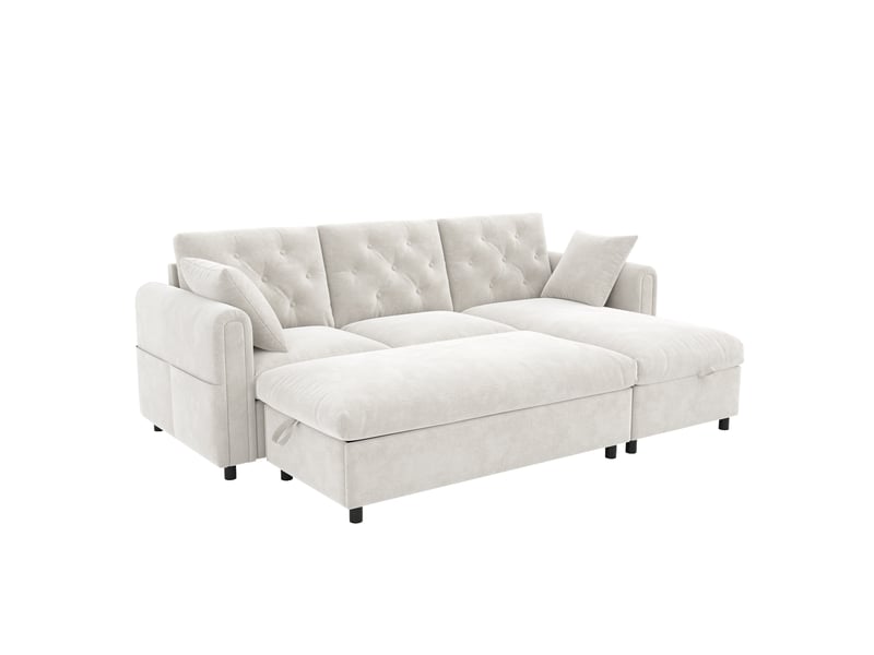  Canapé d'angle lora beige 219x131x86 cm avec méridienne réversible et pouf coffre de rangement  - Conforama D