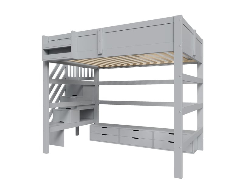 Lit mezzanine 140 x 200 cm avec 6 tiroirs et escalier de rangement, en pin et mdf gris pour chambre enfant  - Conforama W