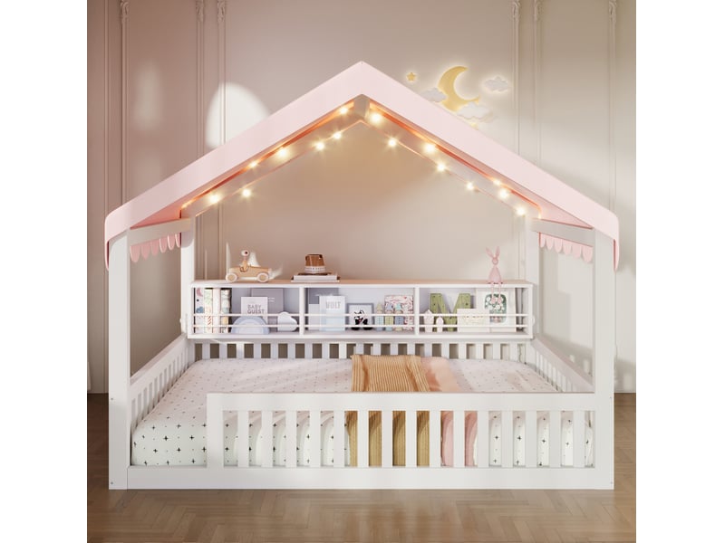  Lit double 140 × 200 cm à baldaquin avec guirlande led, bibliothèque et barrière de sécurité blanc pour chambre enfant  - Conforama E