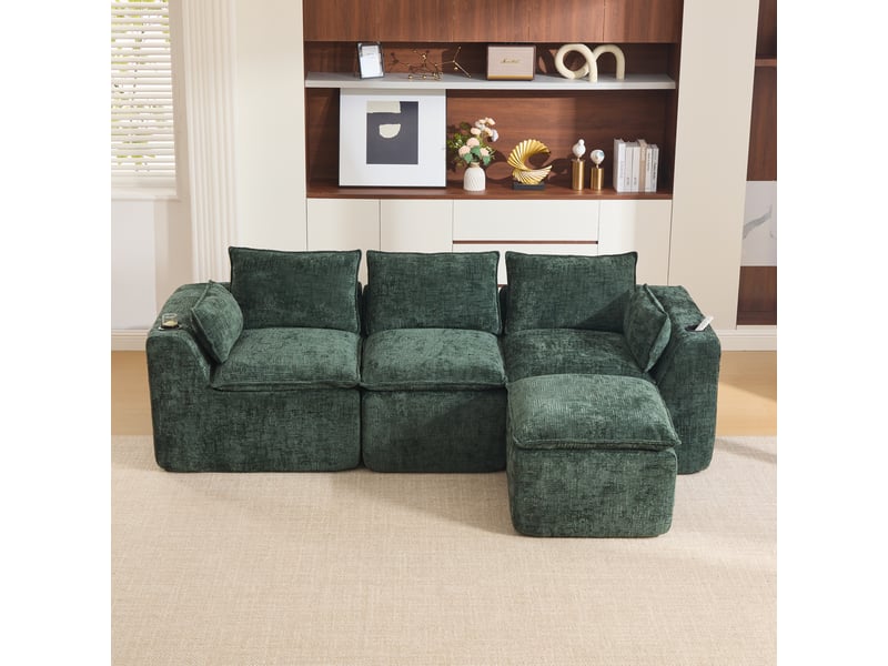  Canapé modulable 3 places en chenille vert avec repose-pieds et porte-boisson  - Conforama E