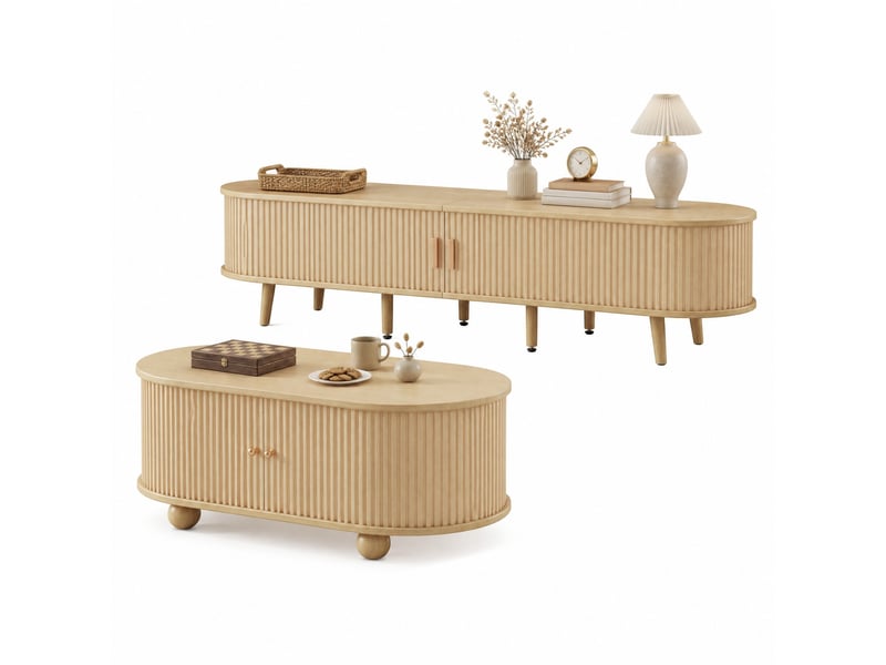  Meuble tv avec 2 tiroirs, 2 portes coulissantes et table basse en mdf 170×40×42 cm bois clair  - Conforama A